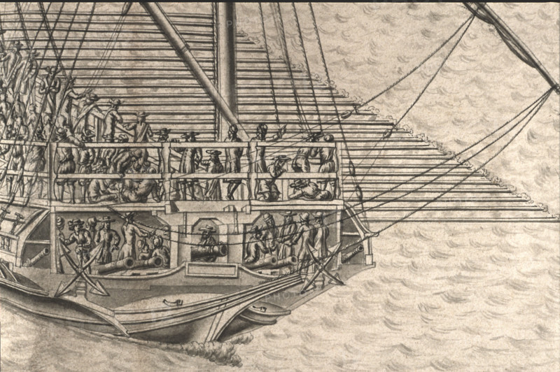 Geometric description of all of the parts included in the construction of a galley, engraving by Debenat