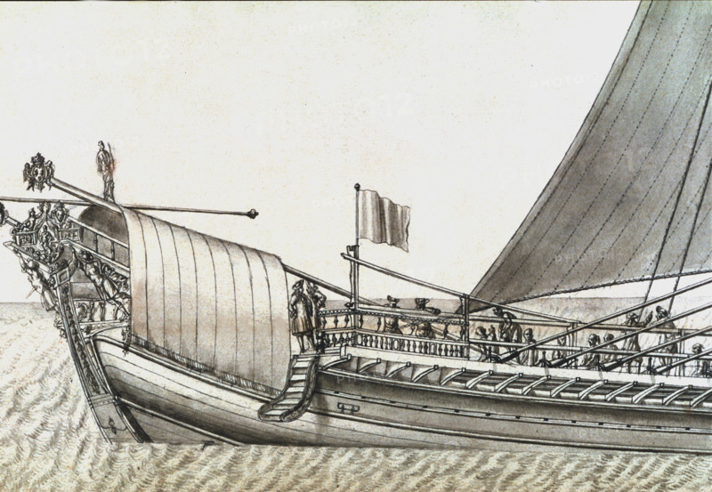Geometric description of all of the parts included in the construction of a galley, engraving by Debenat