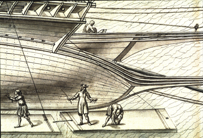 Description géométrique de toutes les pièces qui entrent dans la construction d'une galère, gravure de Debenat
