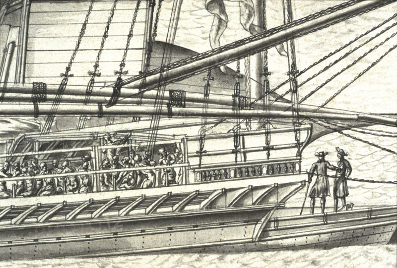 Geometric description of all of the parts included in the construction of a galley, engraving by Debenat