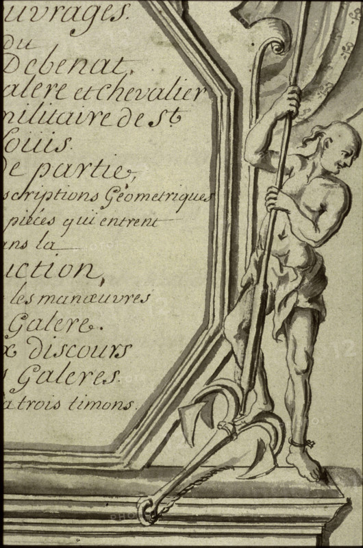 Geometric description of all of the parts included in the construction of a galley, engraving by Debenat