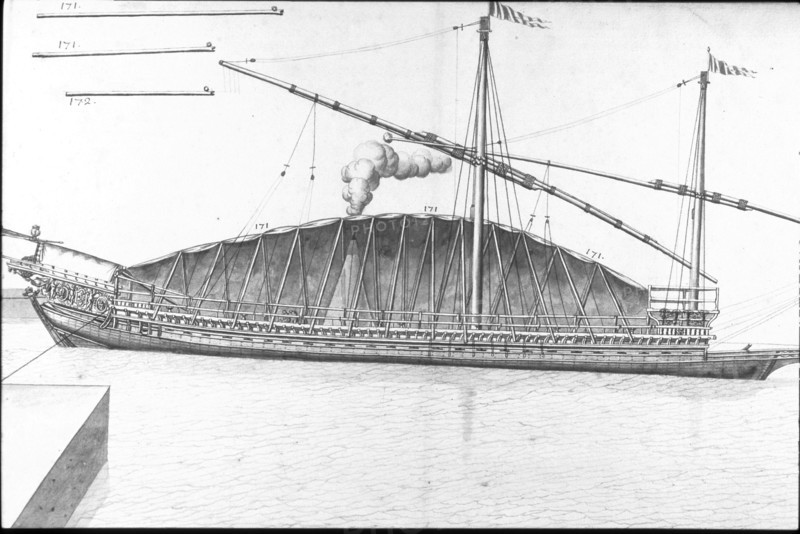 Description géométrique de toutes les pièces qui entrent dans la construction d'une galère, gravure de Debenat