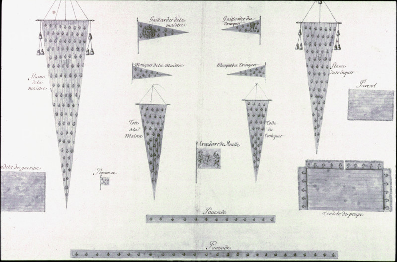 Geometric description of all of the parts included in the construction of a galley, engraving by Debenat