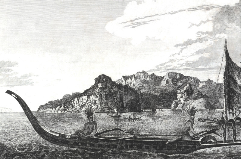 Journey of James COOK, war pirogue, engraving by William Hodges