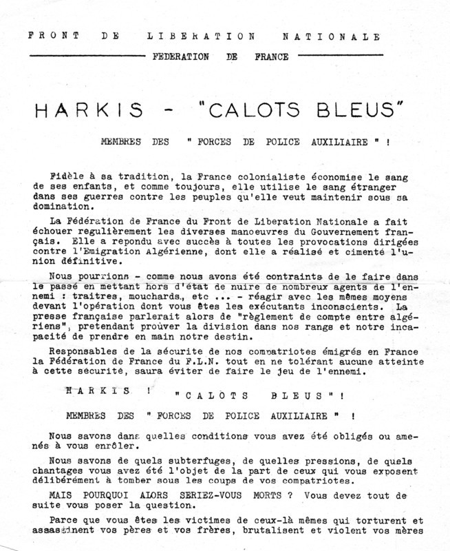 Leaflet from the French Federation of the Algerian National Liberation Front