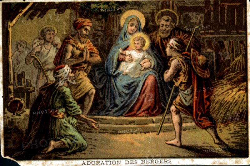 Colored lithograph: Nativity - The Adoration of the Shepherds