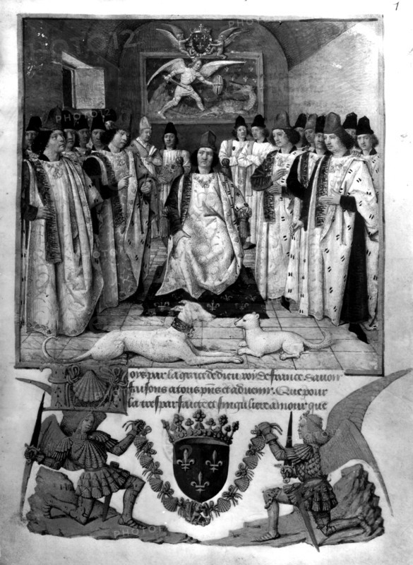 French manuscript, Louis the 11th surrounded by nights of the order of Saint Michael