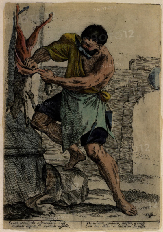 Street trades in Bologna in the 17th century, man removing an animal skin