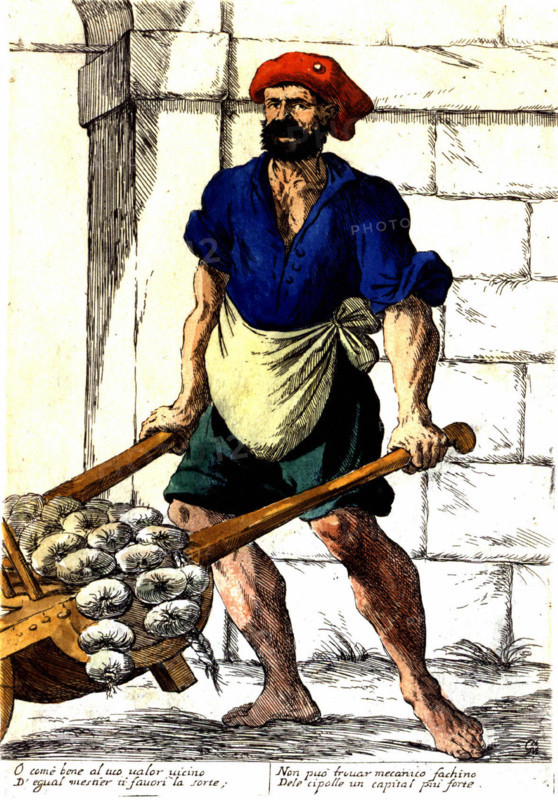 Street trades in Bologna, Italy in the 17th century, onion vendor