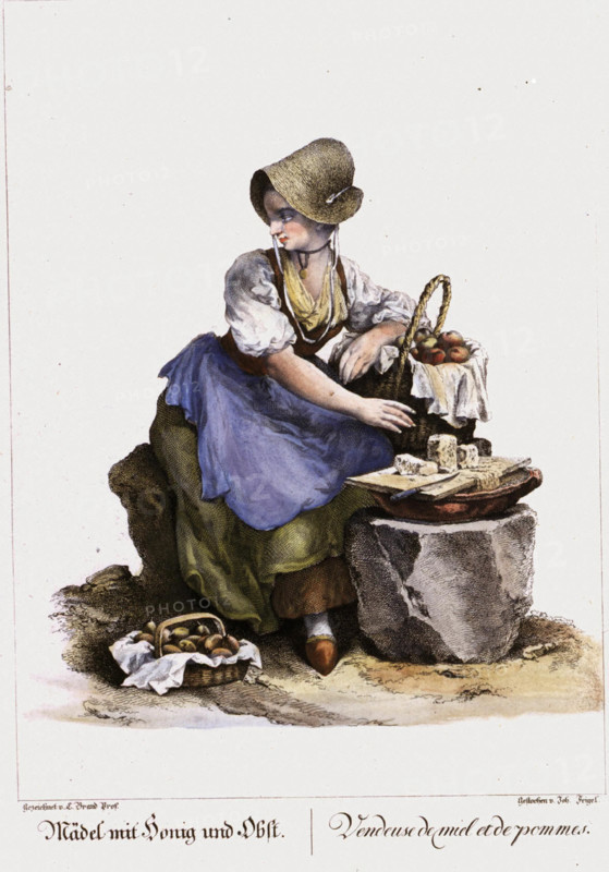 Les métiers de la rue à Vienne au 18e siècle, marchande de fruits et de fromages