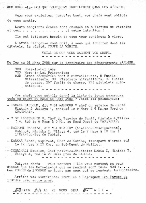 Tract appealing to the fellaghas to surrender to the French army -