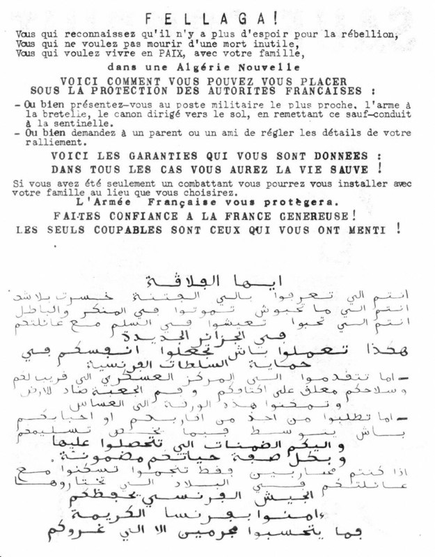 Tract appealing to the fellaghas to surrender to the French army