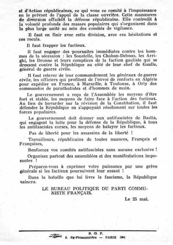 Tract of the French Communist Party after the conspiracy of the  generals