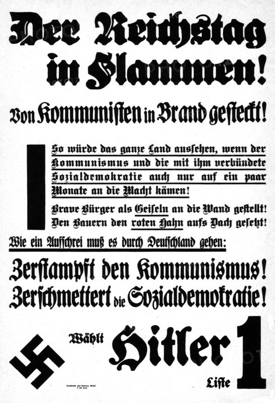 Affiche de propagande appelant à voter pour Hitler après l'incendie du Reichstag