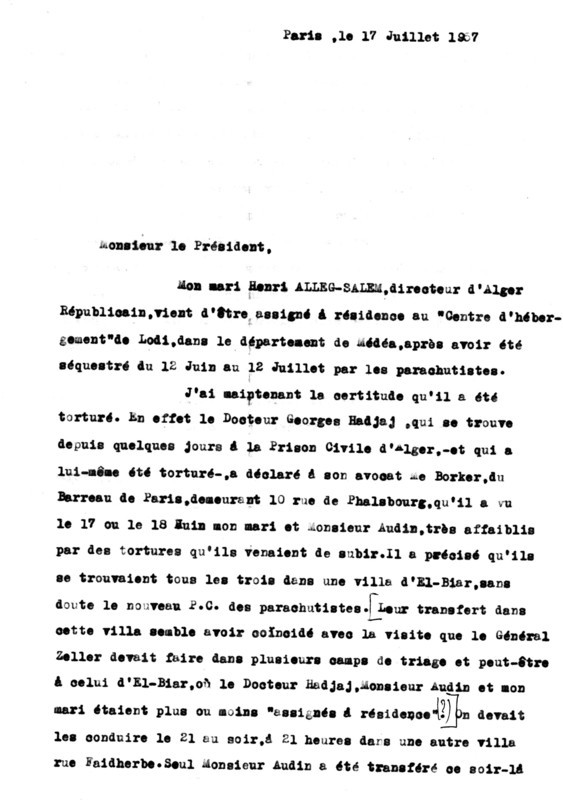 Lettre de Giberte Alleg au Président de la République, après l'arrestation de son mari et celle de Maurice Audin