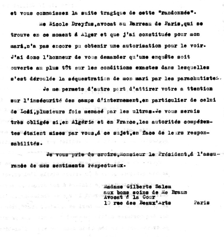Letter from Giberte Alleg to the President of the French Republic, after the arrest of her husband and Maurice Audin