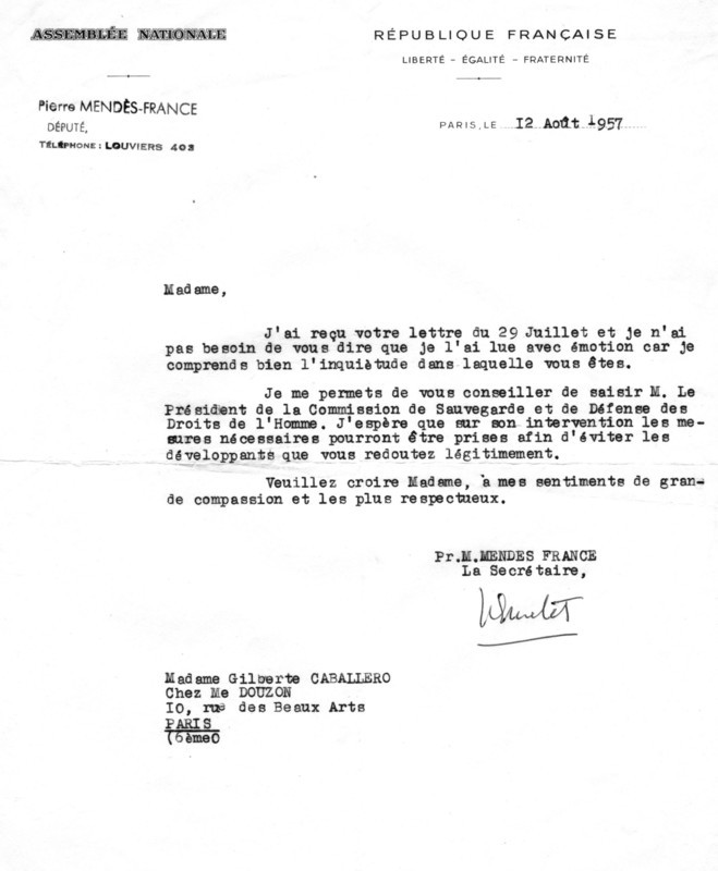 Letter from Mr. Pierre Mendès-France to Mrs. Caballero concerning the imprisonment of her husband