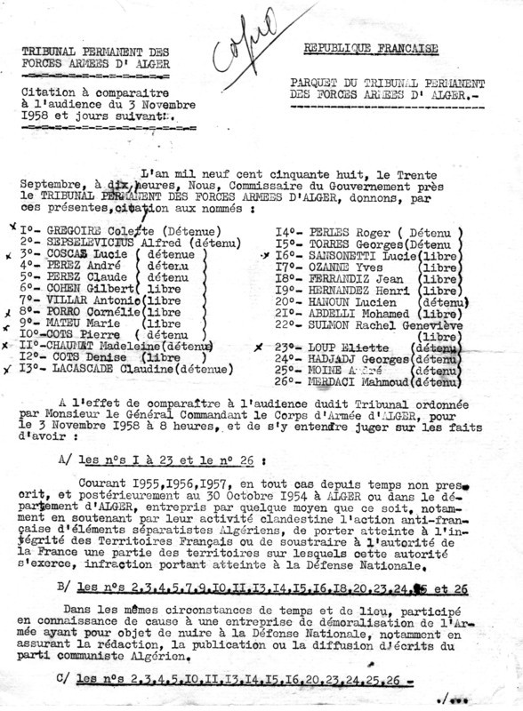 Tribunal permanent des forces armées d'Alger. Citation à comparaître à l'audience du 3-11-1958