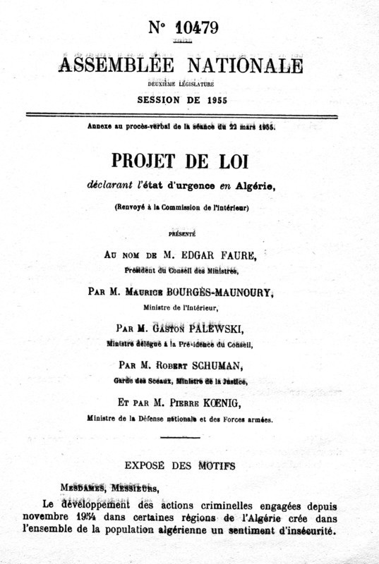 Projet de loi concernant l'état d'urgence en Algérie