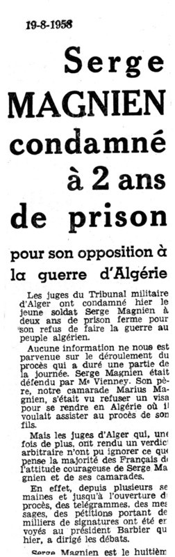 Article dans le journal l'Humanité concernant Serge Magnien, soldat insoumis