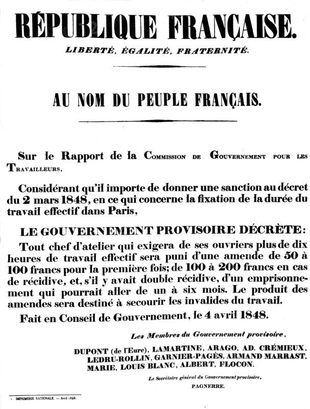 Décret sur la durée du temps de travail à Paris signé par le Gouvernement provisoire