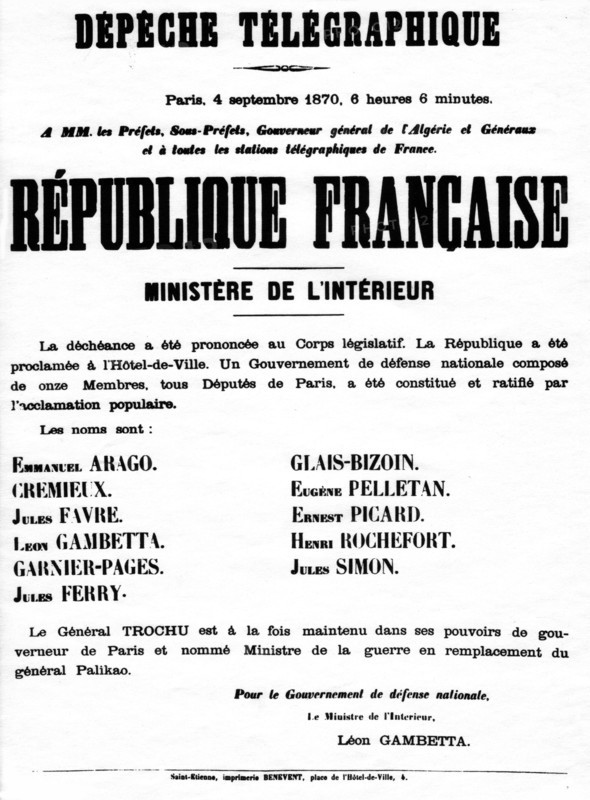 Affiche annonçant la déchéance de Napoléon III et proclamant la république.