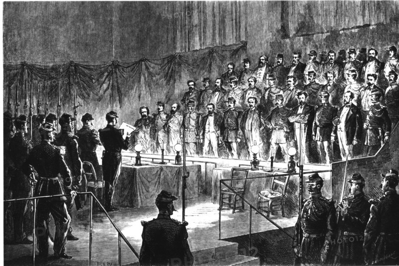 Paris Commune. 3rd War Council in Versailles. Reading the verdict to the accused.