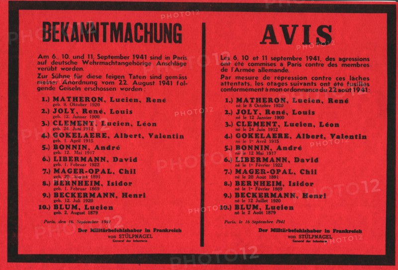 Poster announcing the execution of 10 hostages