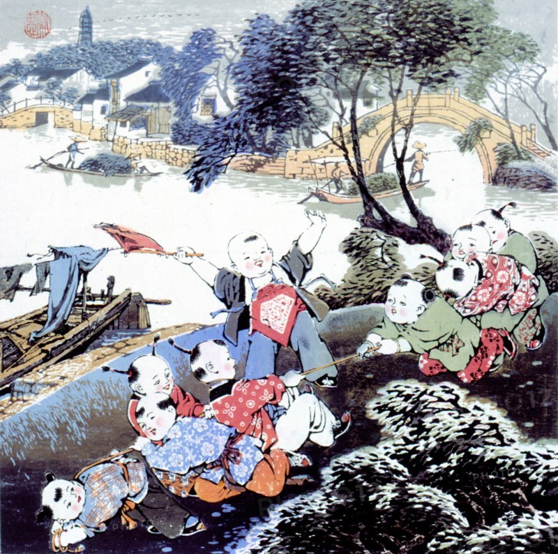 Estampe chinoise, enfants en train de jouer