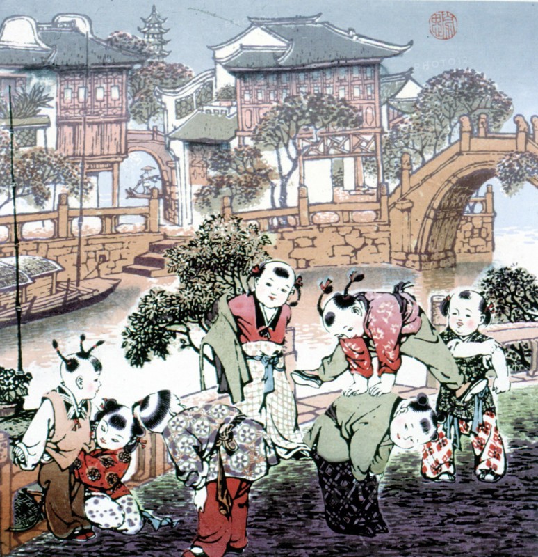 Estampe chinoise, enfants en train de jouer