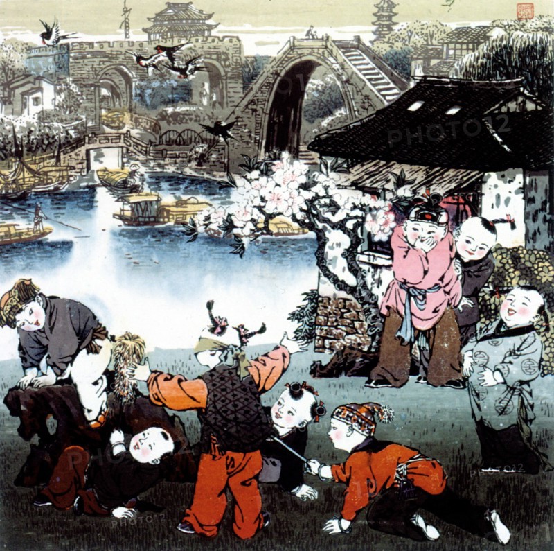 Estampe chinoise, enfants en train de jouer