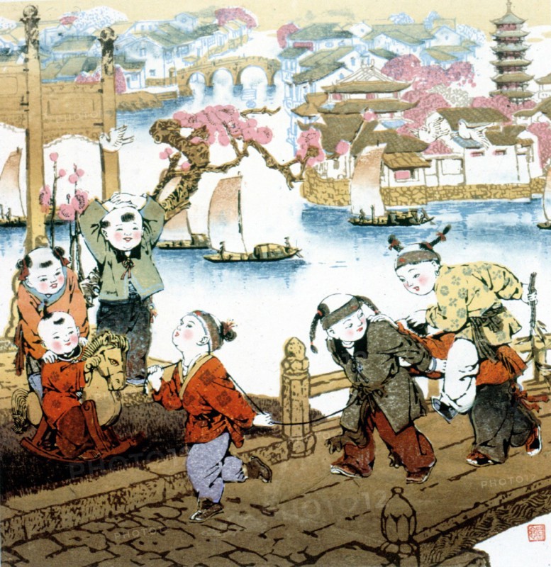 Estampe chinoise, enfants en train de jouer
