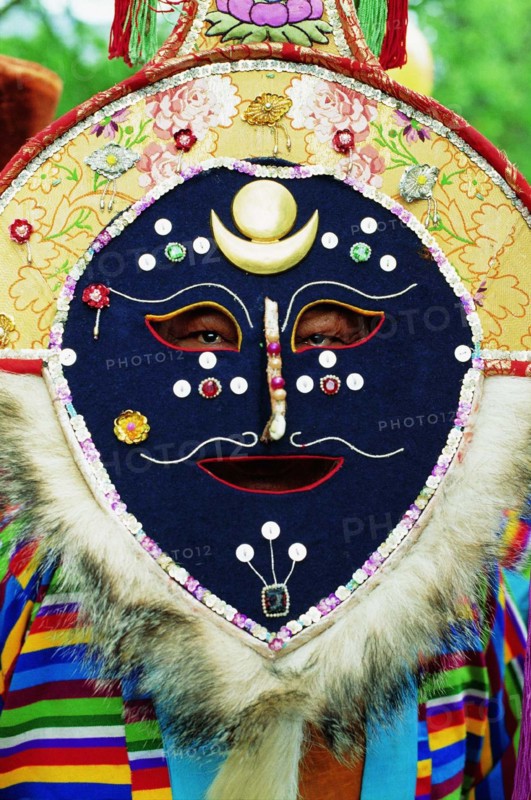 The Tibetan mask which is part of Tibetan opera,a show for Shoton Festival,Tibet,China
