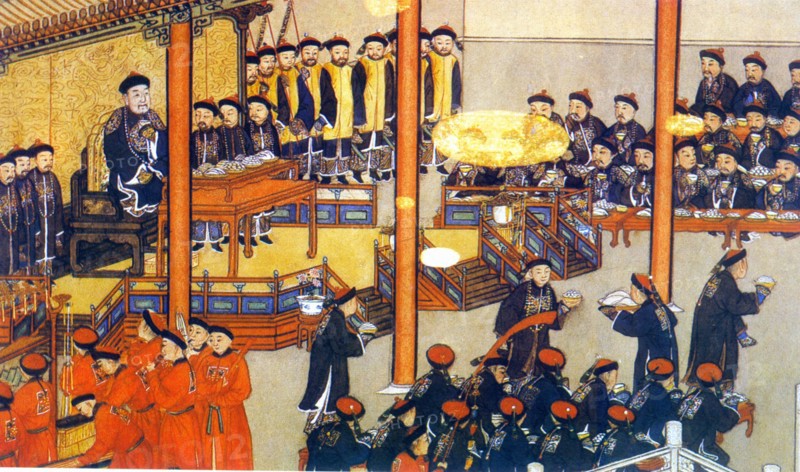 Painting depicts a official dinner party hosted by emperor Qianlong in Ziguang pavilion at Zhongnanhai, Qing Dynasty