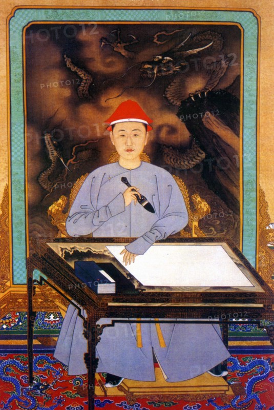 painting of emperor Kangxi in casual dress writing,Qing Dynasty