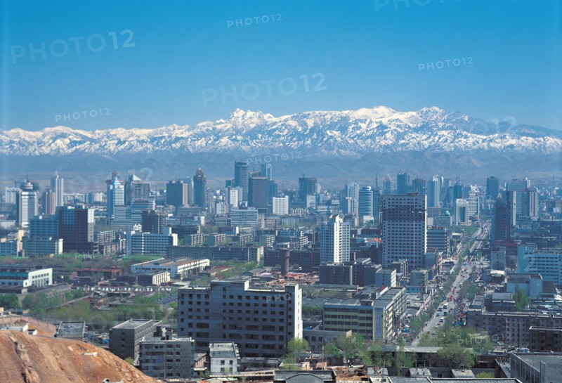 Panoramic view of Urumqi with Bogda Peak in the distance, Xinjiang,China