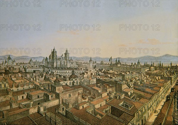 Engraving of the cathedral and the national palace of Mexico