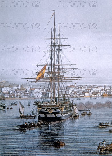 Lithograph of a sailboat in the harbour of Havana