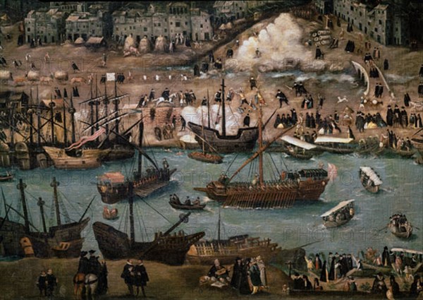 SANCHEZ COELLO ATRIBUIDO
VISTA DE LA CIUDAD DE SEVILLA - VISTA DEL PUERTO - DETALLE- BARCOS EN EL GUADALQUIVIR - S XVI
MADRID, MUSEO DE AMERICA
MADRID