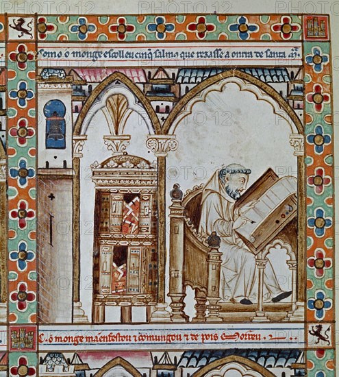 ALFONSO X EL SABIO 1221/84
MTI1-CANTIGA STA Mª- Nº56-F83R-B MONJE SALMISTA-S XIII-ATRIL GOTICO Y ARMARIO LIBREO DE TARACEA
SAN LORENZO DEL ESCORIAL, MONASTERIO-BIBLIOTECA
MADRID