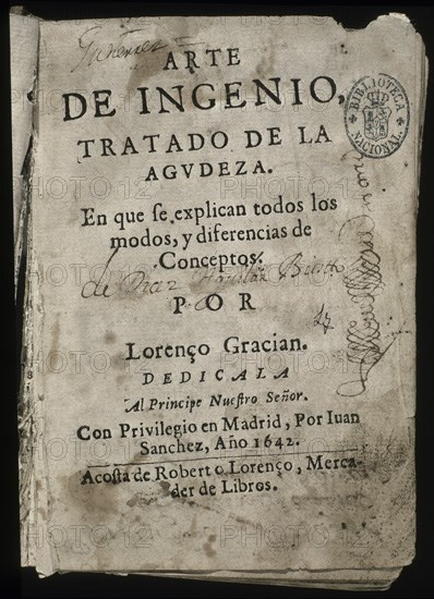 GRACIAN LORENZO
ARTE DE INGENIO - TRATADO DE LA AGUDEZA (MADRID 1642)
MADRID, BIBLIOTECA NACIONAL RAROS
MADRID

This image is not downloadable. Contact us for the high res.