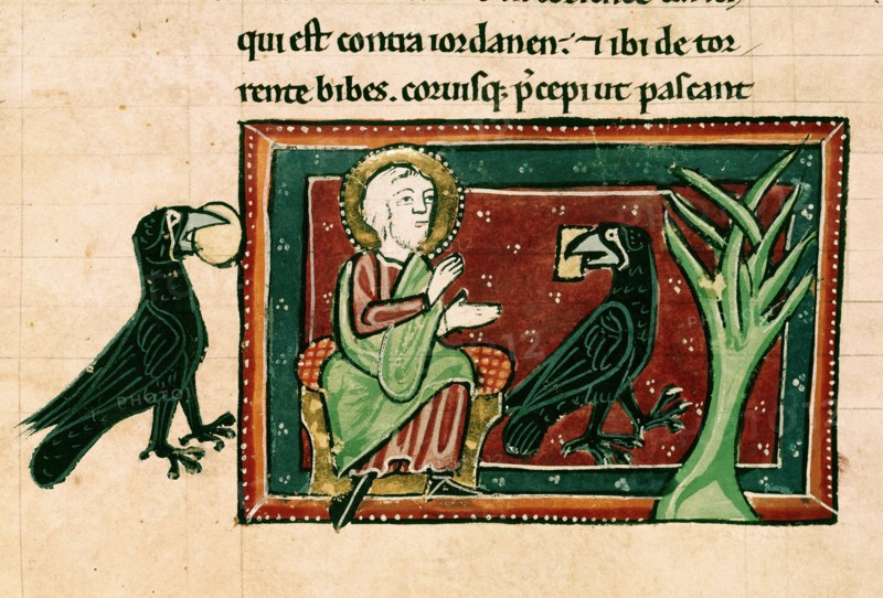 Bible du 13e siècle: Elie et les corbeaux près du torrent de Kérit