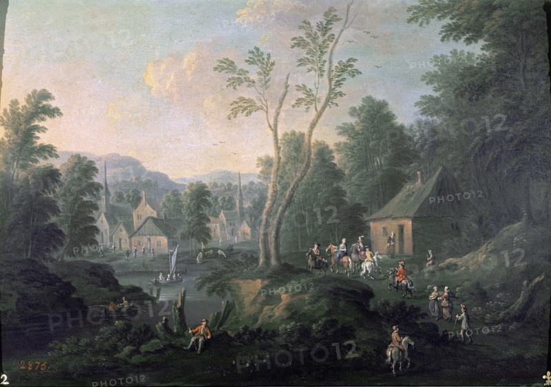 Paysage avec rivière, barque et pêcheurs