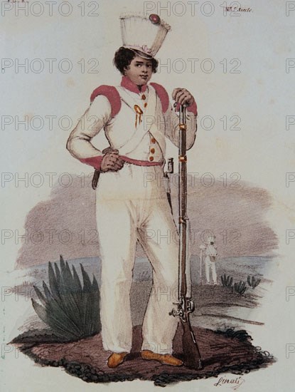 LINATI DE PREVOST CLAUDIO 1790/1832
LIBRO"TRAJES CIVILES,MILITARES Y RELIGIOSOS DE MEXICO"1828-SOLDADO MEJICANO
MADRID, MUSEO DE AMERICA
MADRID