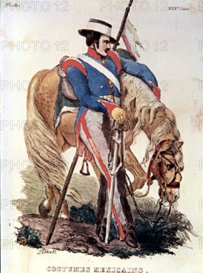 LINATI DE PREVOST CLAUDIO 1790/1832
LIBRO"TRAJES CIVILES,MILITARES Y RELIGIOSOS DE MEJICO"1828-SOLDADO MEJICANO DE CABALLERIA
MADRID, MUSEO DE AMERICA
MADRID