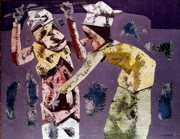 Quiros, Figures against a blue background