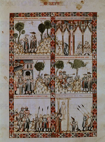 ALFONSO X EL SABIO 1221/84
MTI1-CANTIGA STA MARIA Nº175-F233V-PADRE E HIJO PEREGRINOS A SANTIAGO SON ACUSADOS DE ROBO- SXIII
SAN LORENZO DEL ESCORIAL, MONASTERIO-BIBLIOTECA
MADRID