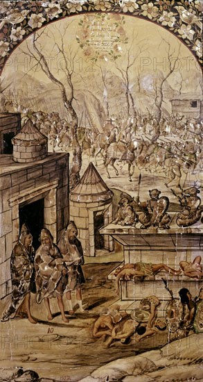 GONZALEZ MIGUEL Y JUAN
CONQUISTA DE MEXICO-TRES HECHICEROS GUARDAN LOS CUERPO DE LOS SACRIFICADOS - ENCONCHADO 1698
MADRID, MUSEO DE AMERICA
MADRID