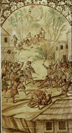 GONZALEZ MIGUEL Y JUAN
CONQUISTA MEXICO-LOS INDIOS ENSEÑAN CABEZAS DE ESPAÑOLES A LOS SOLDADOS-CANIBALES AL FONDO
MADRID, MUSEO DE AMERICA
MADRID