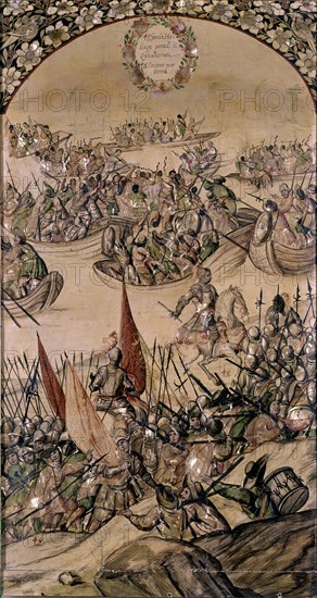 GONZALEZ MIGUEL Y JUAN
CONQUISTA MEXICO- GARCIA HOLGUIN PRENDE A CUAUHTEMOC- ENCONCHADO - 1698
MADRID, MUSEO DE AMERICA
MADRID